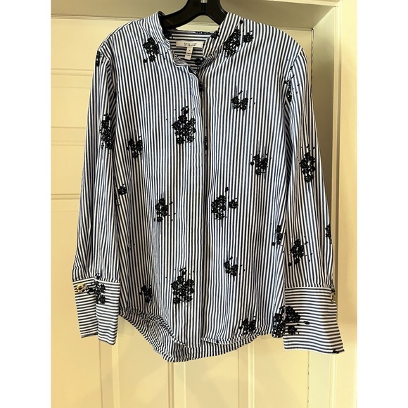 Derek Lam 10 Crosby Gold Detail Blue and White Stripe Button Down Shirt Size 10 - Picture 2 of 4